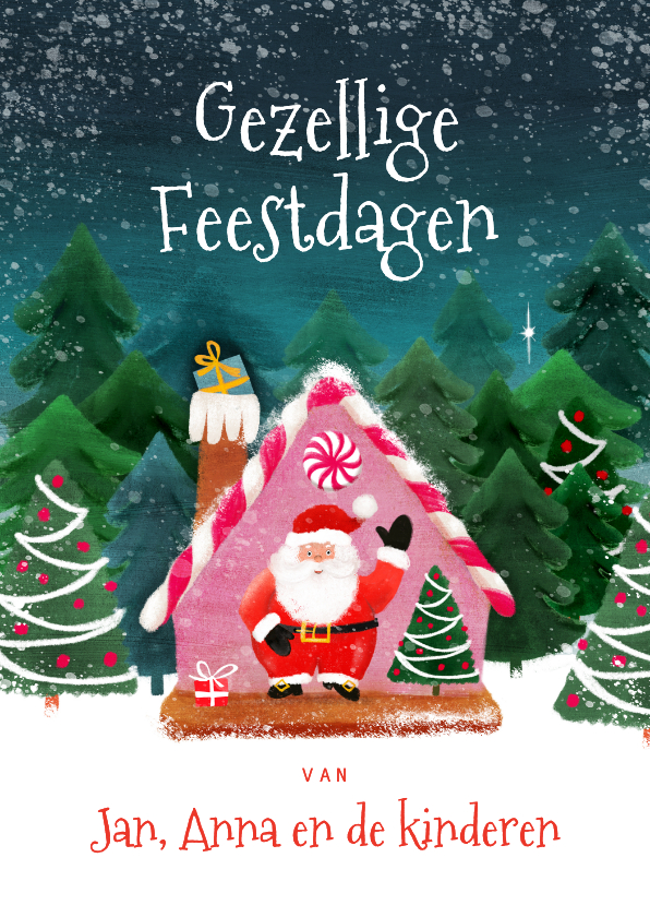 Kerstkaarten - Kerstkaart met kerstman tussen kerstbomen