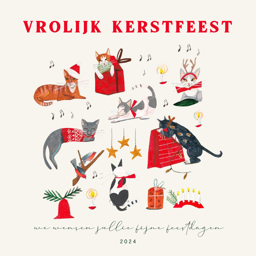 Kerstkaarten - Kerstkaart met poezen en kerst decoratie