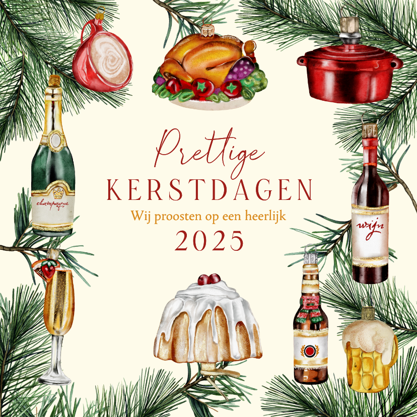 Kerstkaarten - Kerstkaart ornamenten food dennentakjes