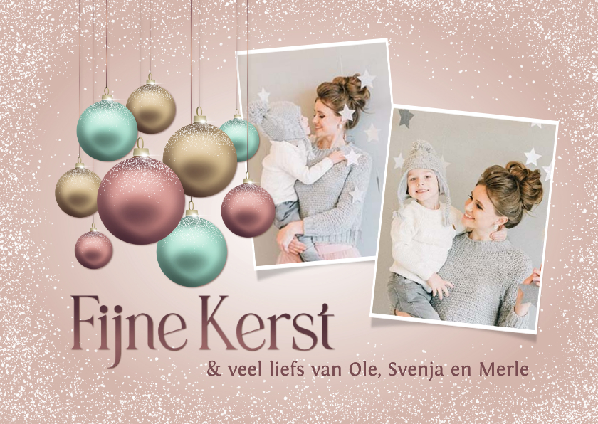 Kerstkaarten - Kerstkaart pastel kerstballen en foto's