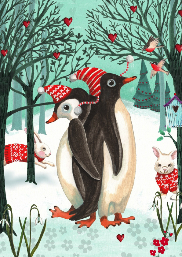 Kerstkaarten - Kerstkaart Penguins in het bos