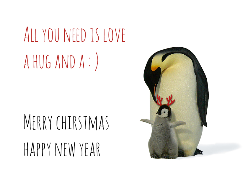 Kerstkaarten - Kerstkaart pinguin, kleintje en gewei