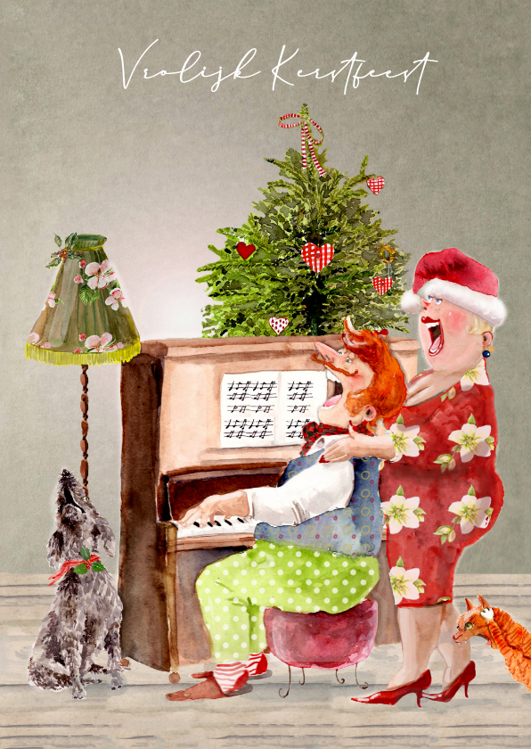 Kerstkaarten - Kerstkaart Samen zingend achter de piano