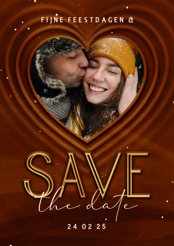 Kerstkaarten - Kerstkaart Save our date met foto en hart op achtergrond