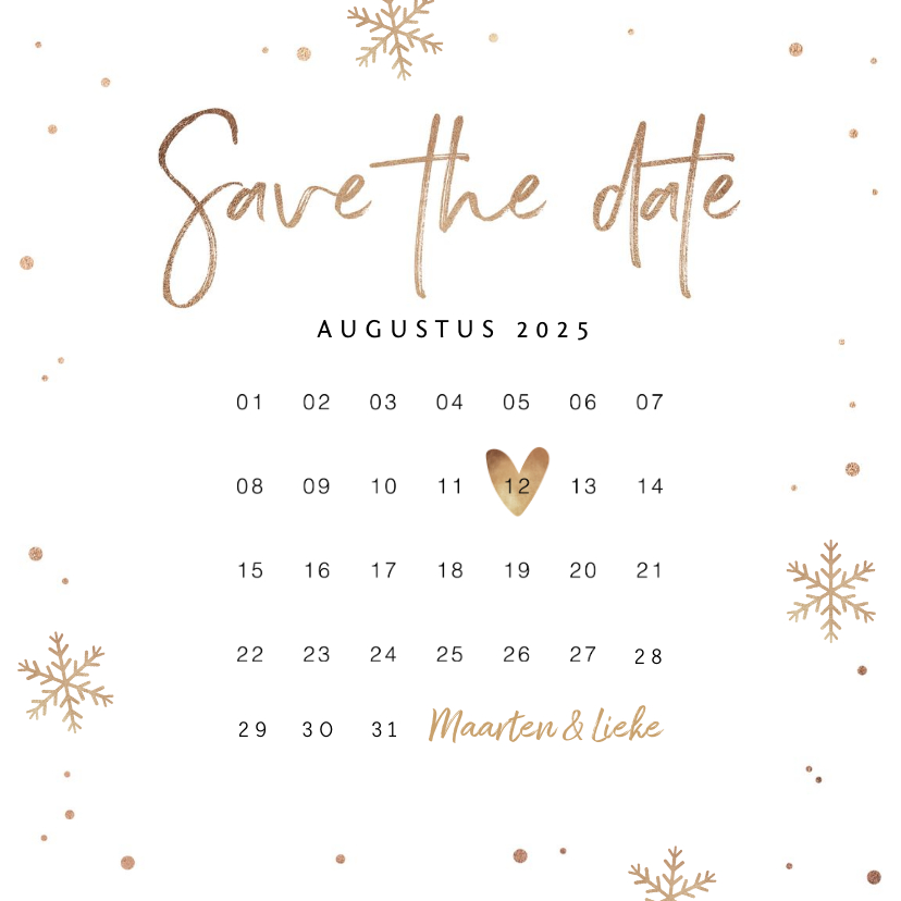 Kerstkaarten - Kerstkaart save the date goud confetti sneeuwvlokken foto