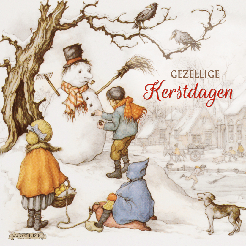 Kerstkaarten - Kerstkaart sneeuwpop met spelende kinderen