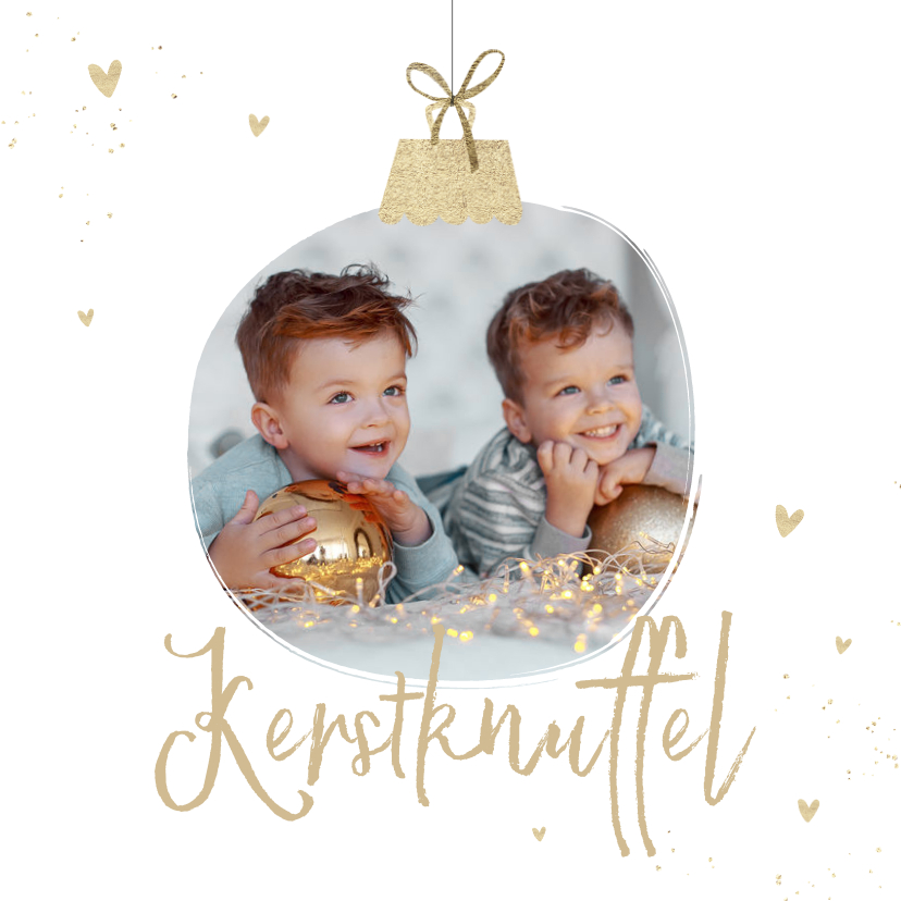 Kerstkaarten - Kerstkaart stijlvol goud hartjes kerstknuffel kerstbal foto