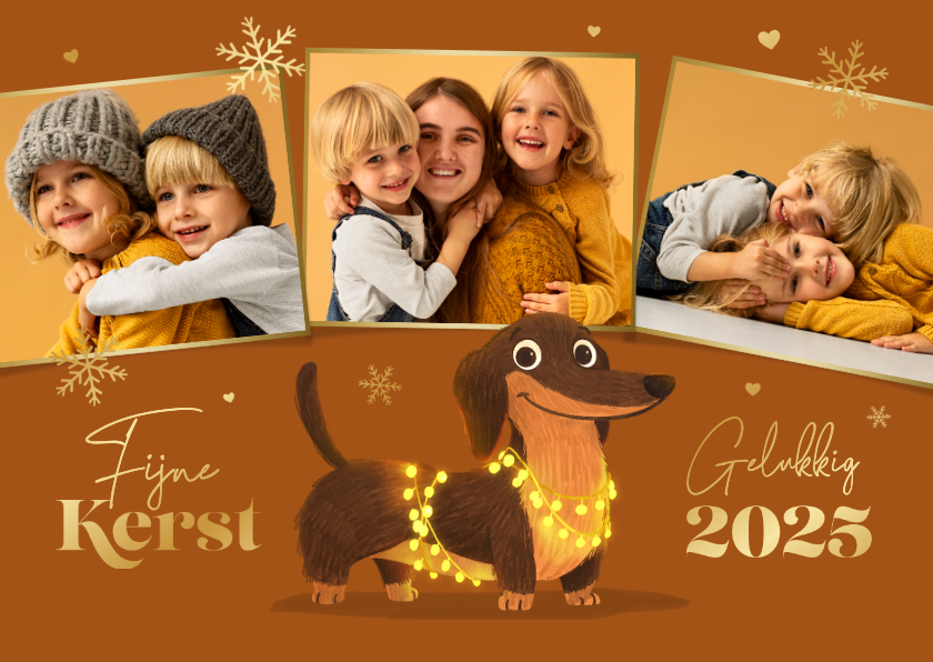 Kerstkaarten - Kerstkaart teckel hond fotocollage kerstlampjes sneeuw goud