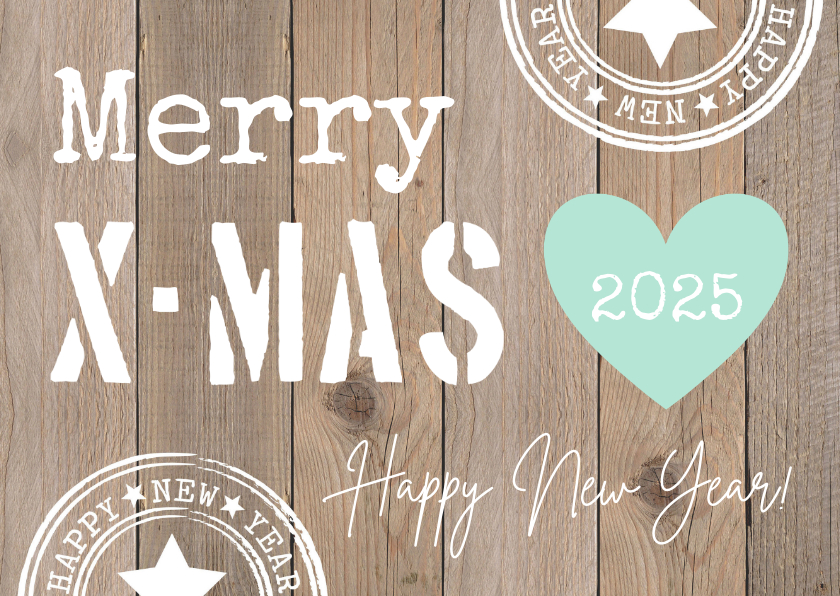 Kerstkaarten - Kerstkaart typografie houtlook hartje mintgroen 2025