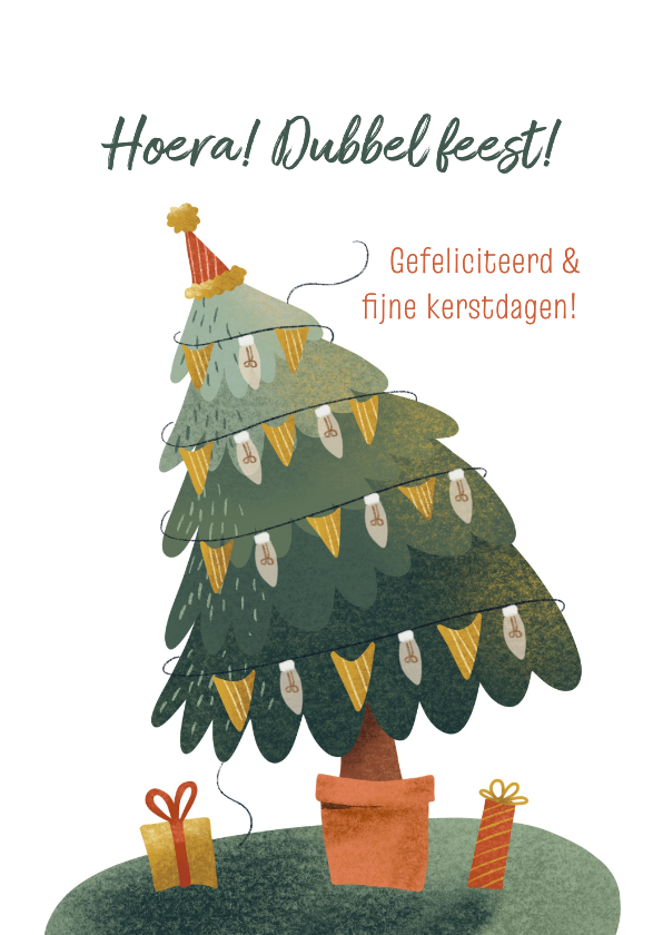 Kerstkaarten - Kerstkaart voor een jarige met kerstboom met slingers