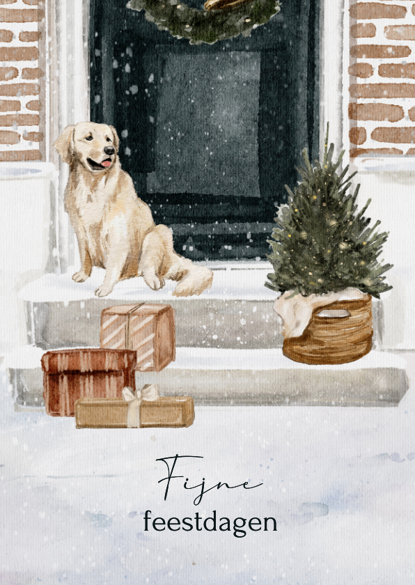 Kerstkaarten - Kerstkaart voordeur blonde labrador cadeautjes 