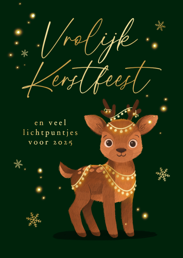 Kerstkaarten - Kerstkaart vrolijk kerstfeest hertje lampjes sneeuw