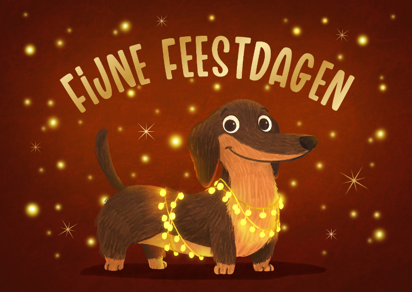 Kerstkaarten - Kerstkaart vrolijk teckel hond lichtpuntjes fijne feestdagen