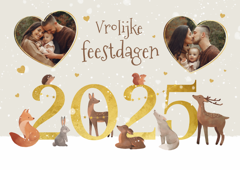 Kerstkaarten - Kerstkaart vrolijke dieren 2025 jaartal liefde hartjes