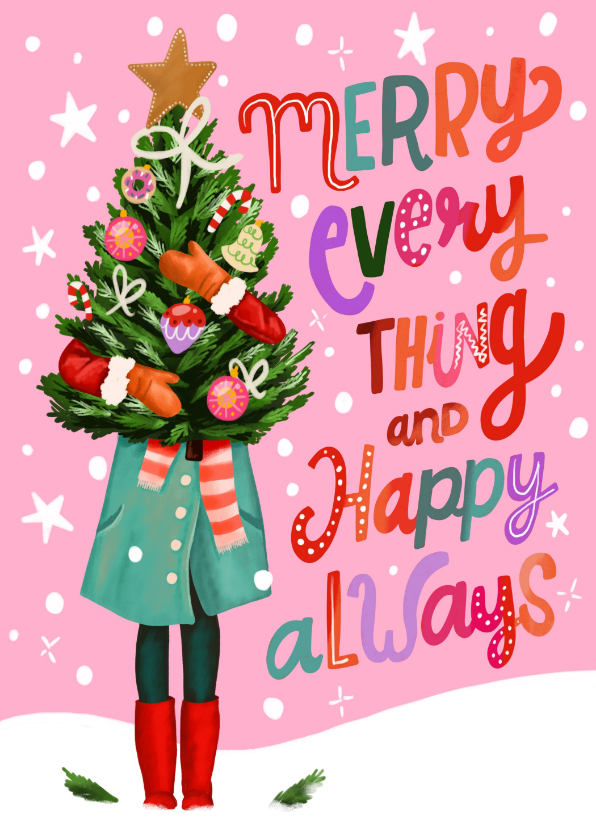 Kerstkaarten - Kerstkaart vrouw met kerstboom merry everything happy always