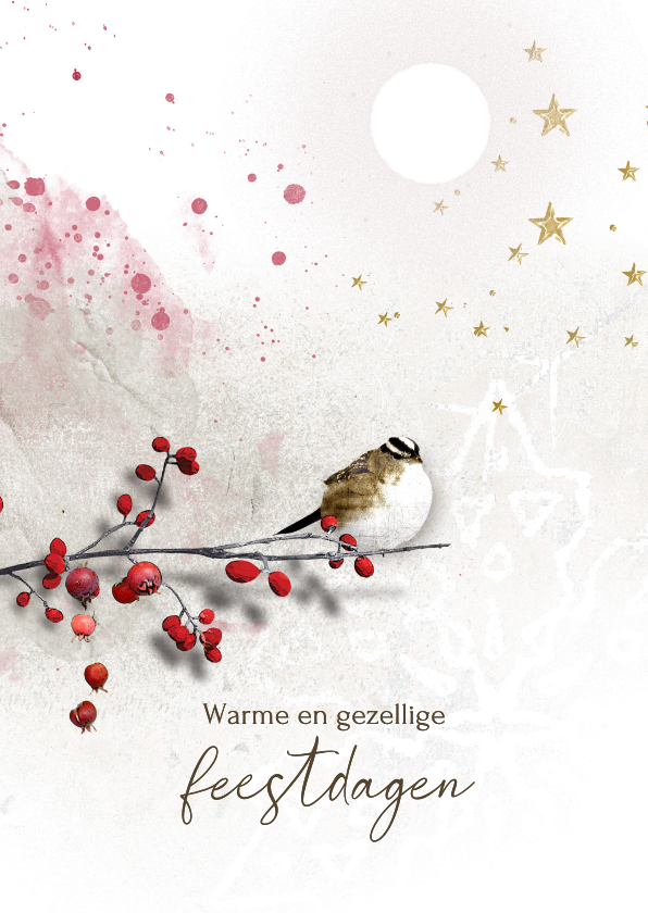 Kerstkaarten - Kerstkaart winter bessentak vogeltje