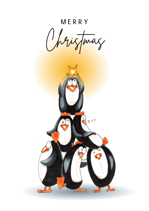 Kerstkaarten - Kerstkaarten met stapel pinguïns en ster