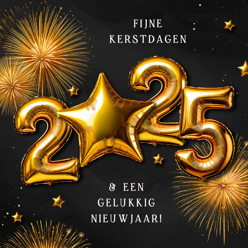 Kerstkaarten - Kerstkaartje folieballon 2025 met ster en vuurwerk goud