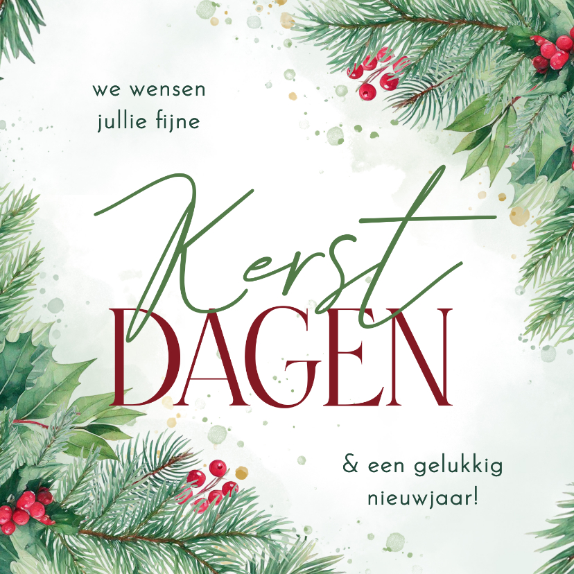 Kerstkaarten - Kerstkaartje met hulsttakjes dennetakken fijne kerst