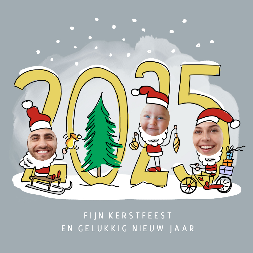 Kerstkaarten - Kerstmannetjes photokaart voor 3 personen met jaartal