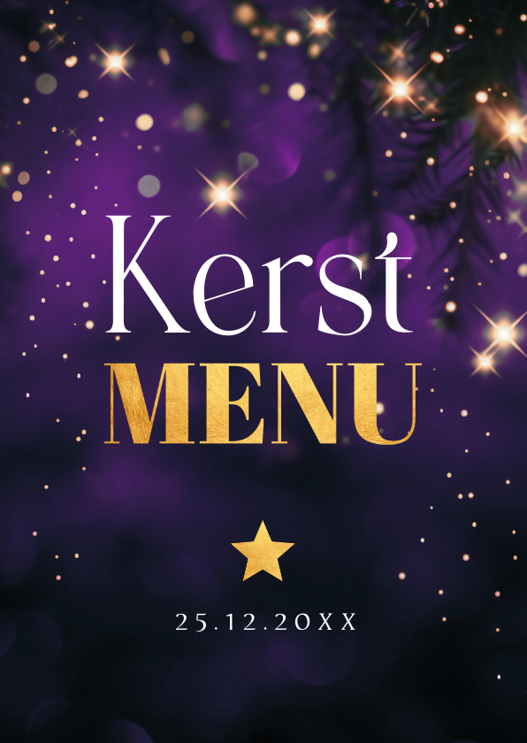 Kerstkaarten - Kerstmenukaart paars lichtjes sterren goudlook