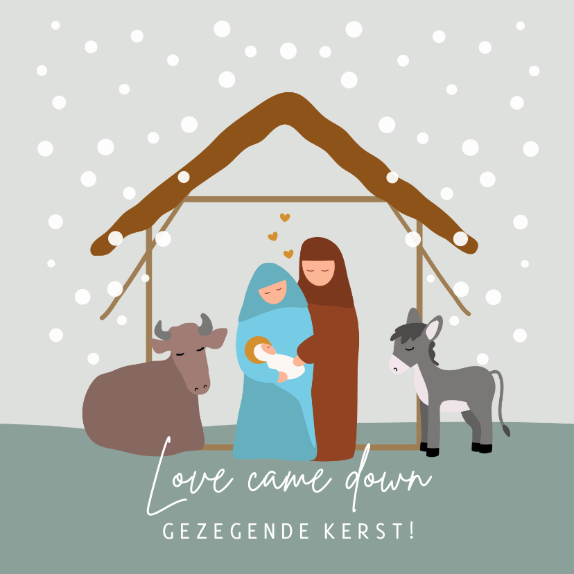 Kerstkaarten - Kerststal met dieren en Jozef, Maria en Jezus