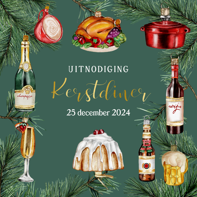 Kerstkaarten - Kerstuitnodiging diner ornamenten 