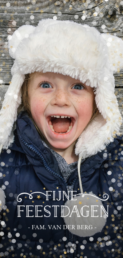 Kerstkaarten - Langwerpige kerstkaart met grote foto en goudlook confetti