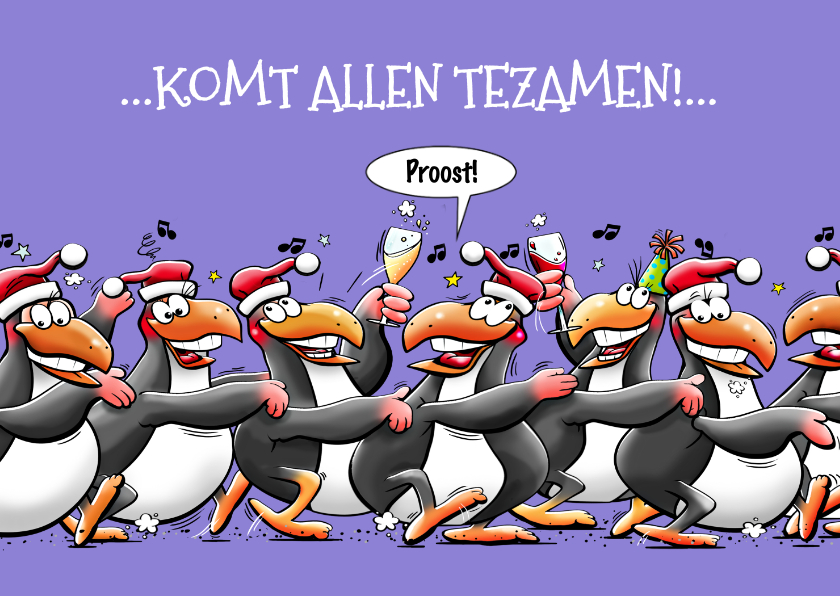 Kerstkaarten - Leuke kerstkaart met 7 pinguïns, die met elkaar proosten