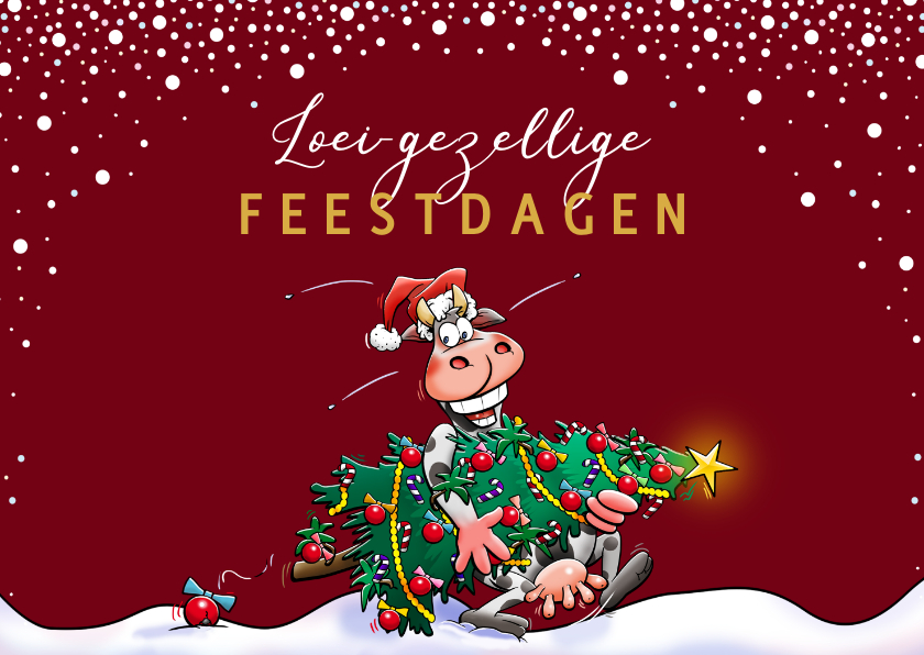 Kerstkaarten - Leuke kerstkaart met grappige koe en kerstboom