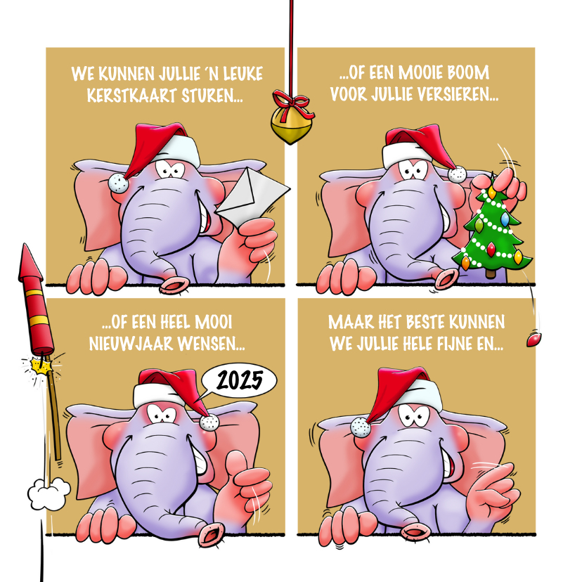Kerstkaarten - Leuke kerstkaart met olifanten, als stripverhaal.