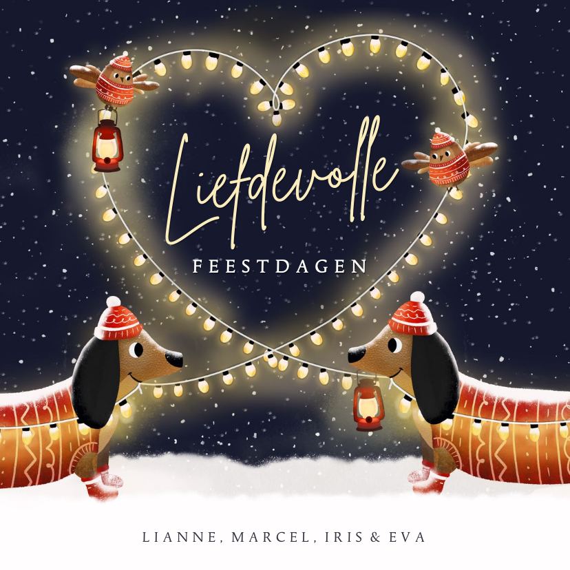 Kerstkaarten - Liefdevolle kerstkaart met teckels en hart van lampjes