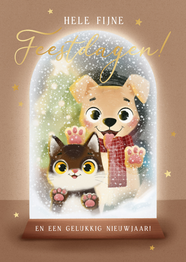 Kerstkaarten - Lieve kerstkaart met hond kat in sneeuwbol met sterren