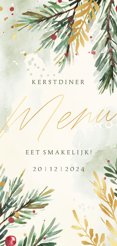 Kerstkaarten - Menukaart kerstdiner waterverf kersttakjes met goud