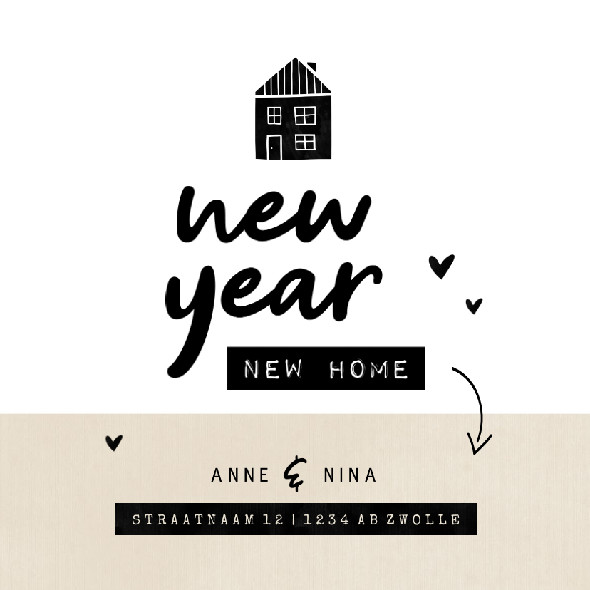 Kerstkaarten - New year new home huisje kraft met hartjes