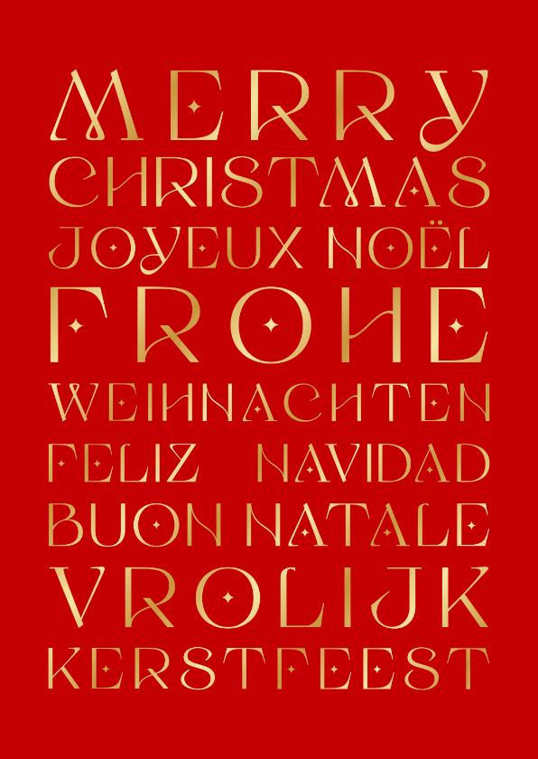 Kerstkaarten - Rode kerstkaart met verschillende talen in goud