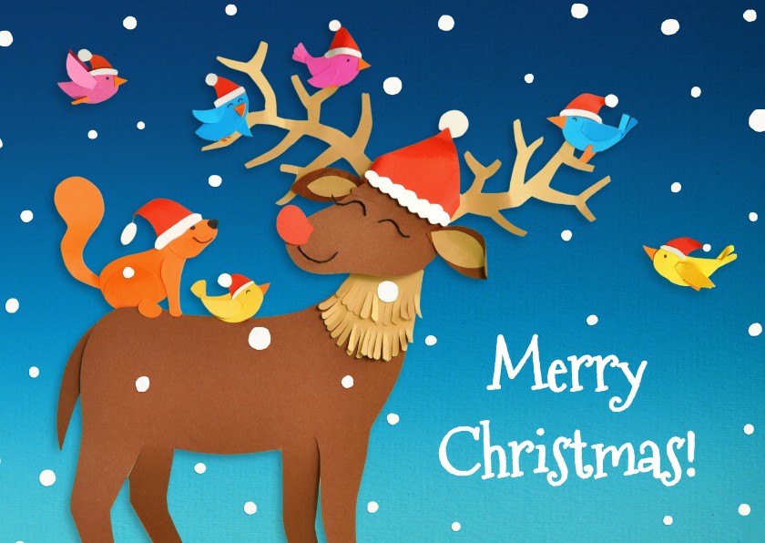 Kerstkaarten - Rudolph met vogeltjes