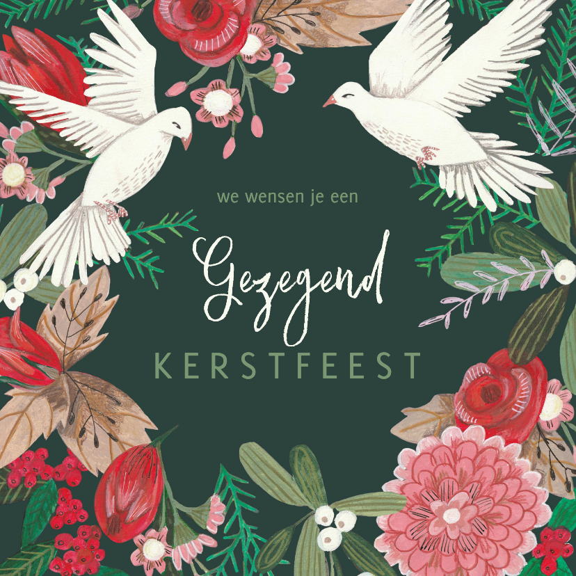 Kerstkaarten - Sfeervolle kerstkaart met witte duiven en kerst groen