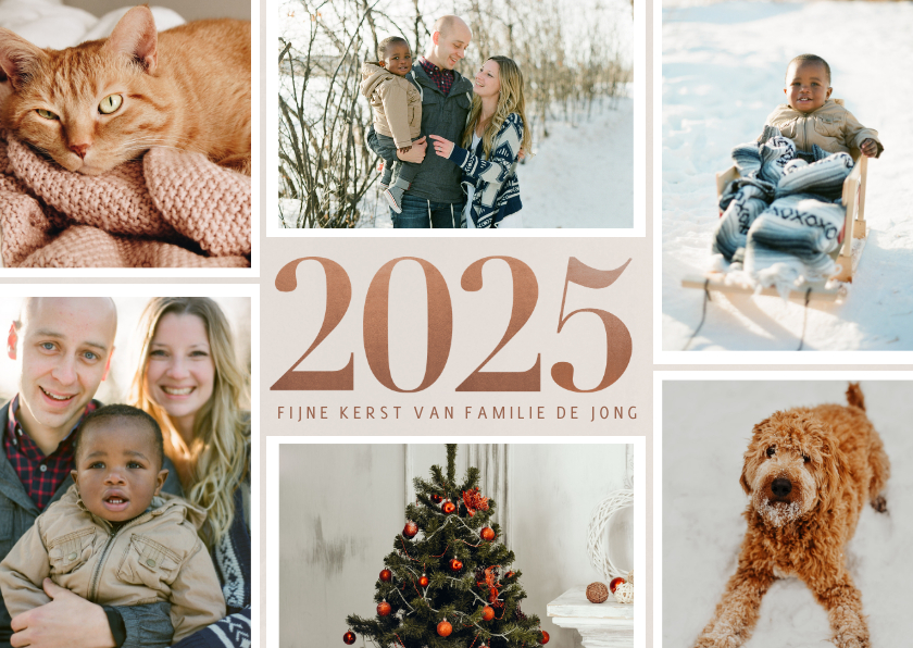 Kerstkaarten - Stijlvolle fotocollage kerstkaart met 2025 in rosé goud