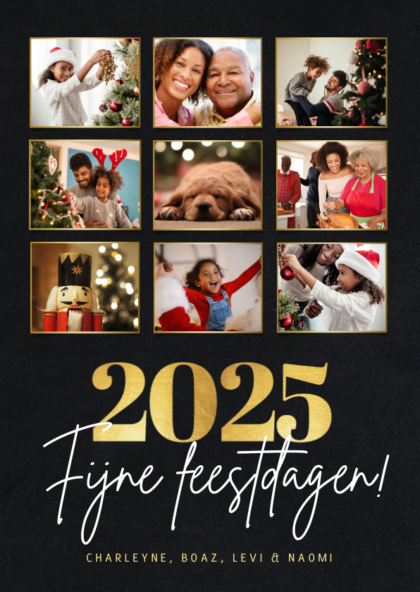 Kerstkaarten - Stijlvolle fotocollage kertskaart met foto's en gouden 2025