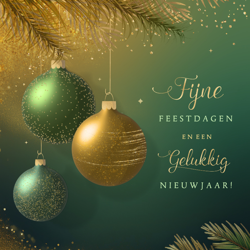 Kerstkaarten - Stijlvolle kerstkaart sprankelend groen goud 3d kerstballen