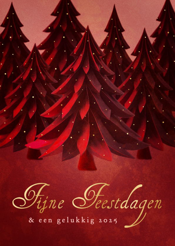 Kerstkaarten - Stijlvolle rode kerstkaart met bomen en gouden stipjes