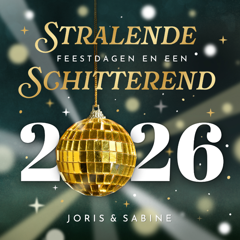 Kerstkaarten - Trendy foliedruk kerstkaart met een discobal- stralend 2026