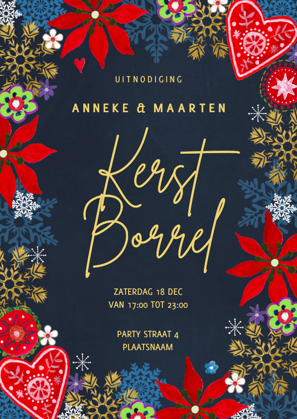 Kerstkaarten - Uitnodiging kerstborrel botanisch bloemen