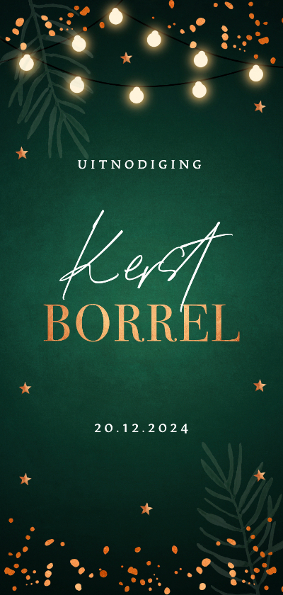 Kerstkaarten - Uitnodiging kerstborrel groen langwerpig koperlook