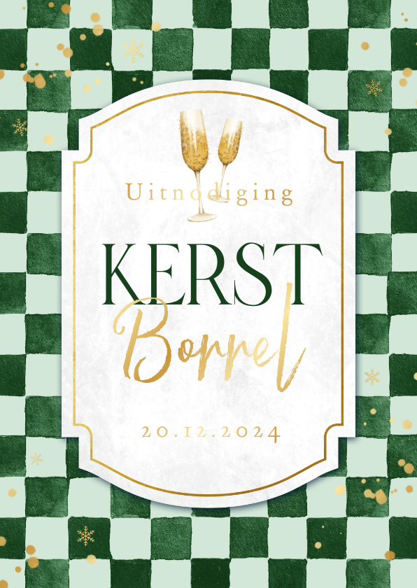 Kerstkaarten - Uitnodiging kerstborrel ruitjes groen goud sneeuw stijlvol