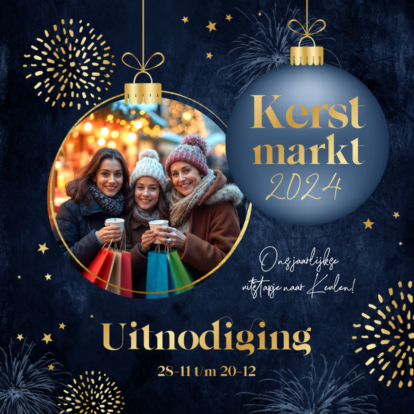 Kerstkaarten - Uitnodiging kerstmarkt kerstbal sterren goud foto