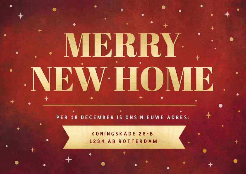 Kerstkaarten - Verhuis kerstkaart Merry New Home rood met sterren