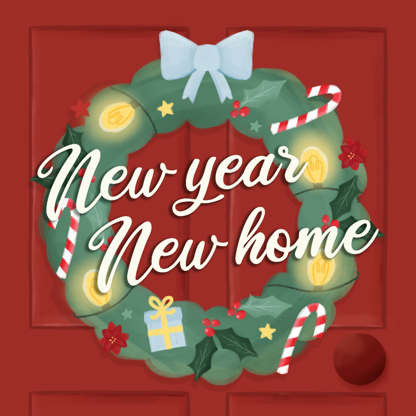 Kerstkaarten - Verhuiskaart kerst deur met kerstkrans new year new home