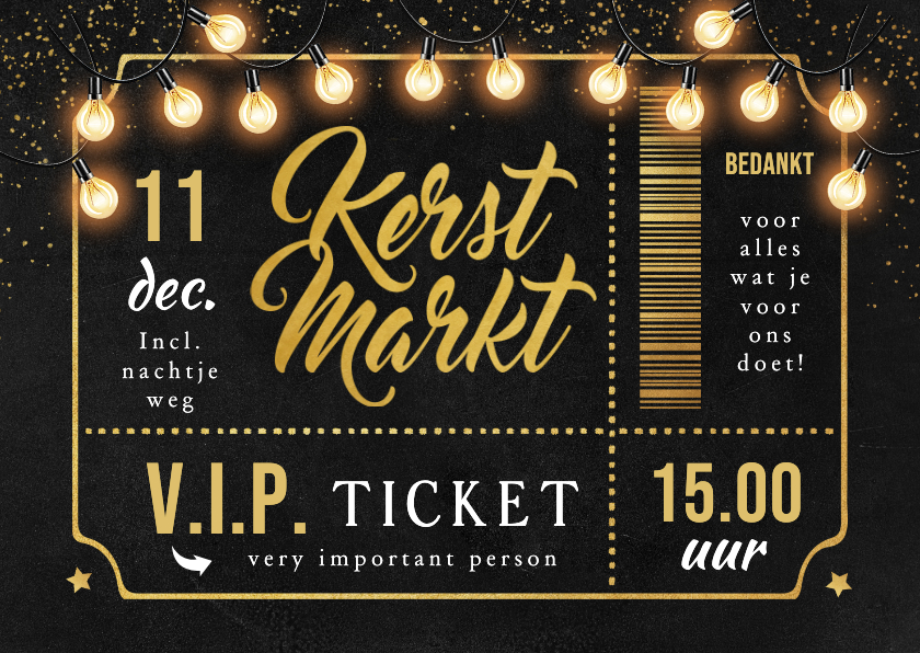 Kerstkaarten - VIP ticket kerstmarkt goud lampjes